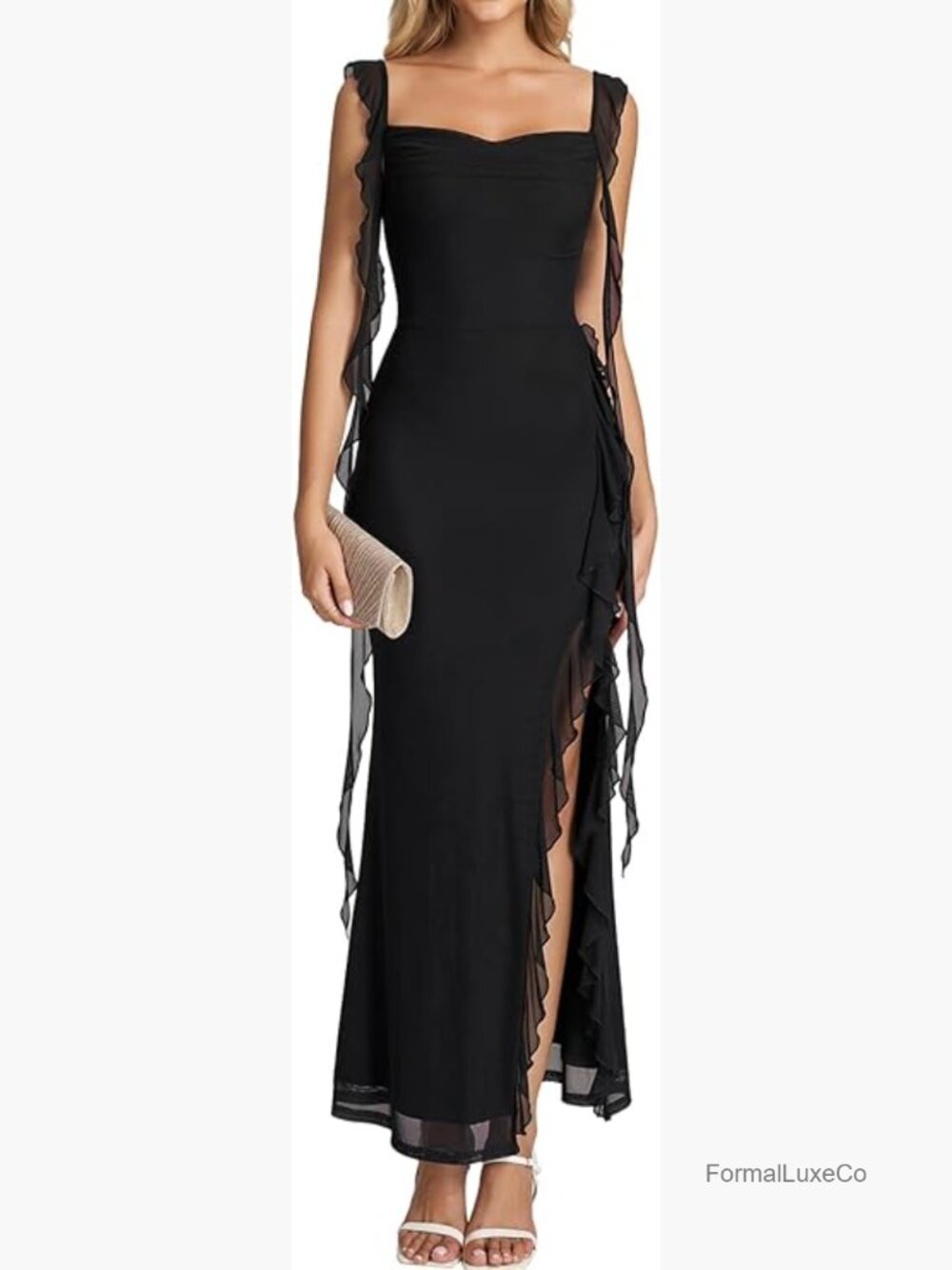Ruffle High Slit Bodycon Maxi Dress Formal Wedding Guest Cocktail Party